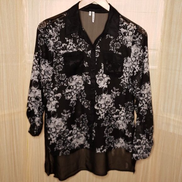 Studio Y Womens Black Sheer Floral High Low Blouse Large - Picture 1 of 8